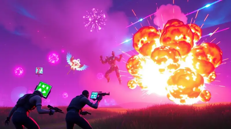 Escena dinámica de Fortnite con efectos vibrantes