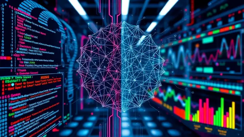Interfaz futurista AI con gráficos y códigos
