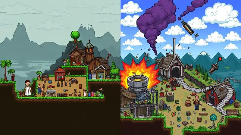 Izquierda Terraria normal, derecha Sandbox colorido