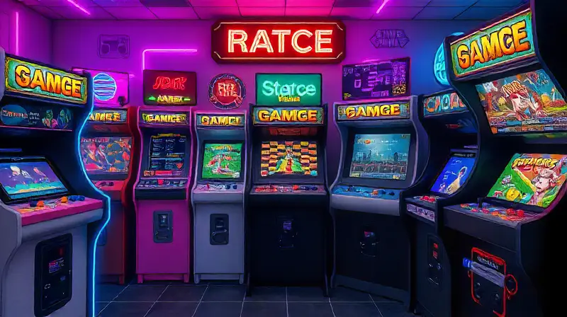 Ambiente retro con juegos y luces neón