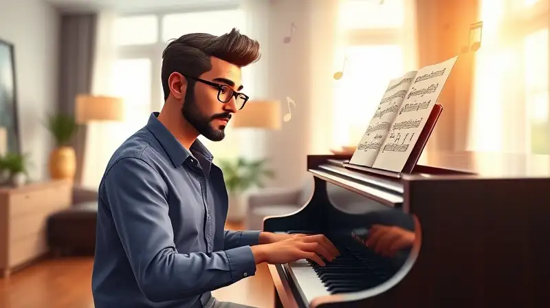 Sim toca piano con notas flotantes mágicas
