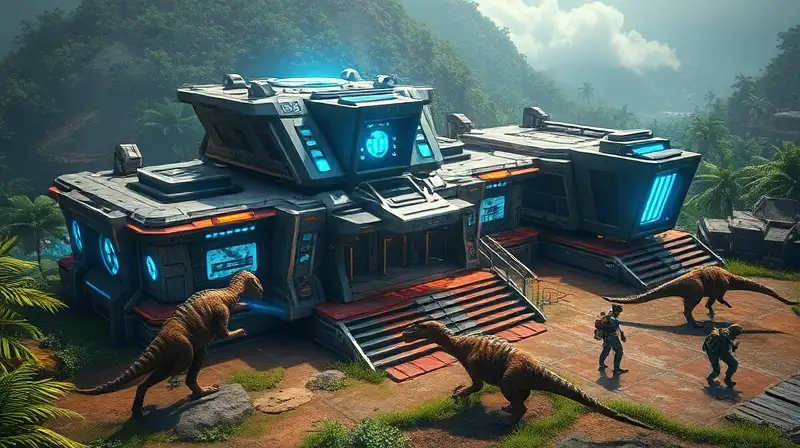 Base futurista con tecnología avanzada y dinosaurios