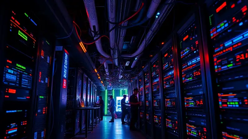 Sala de servidores llena y tecnología futurista
