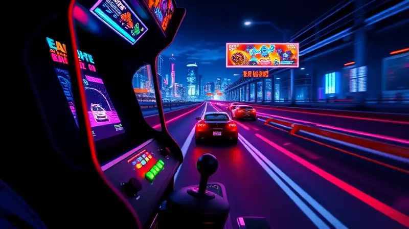 Cabina arcade de carreras con luces neón