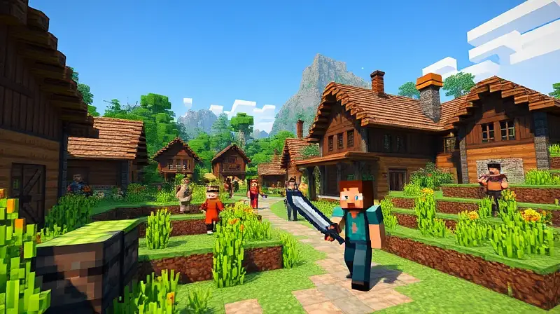 Aldeanos comercian en aldea pixelada pacífica