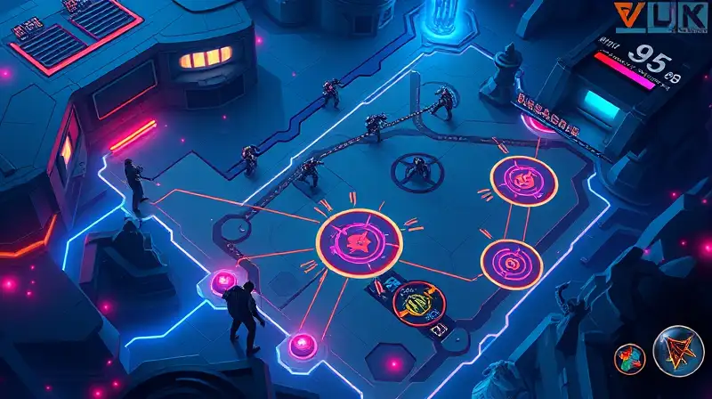 Mapa futurista Valorant con zonas brillantes