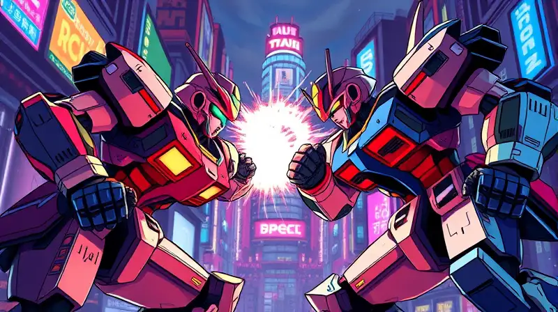 Robots mecha luchan en ciudad neón