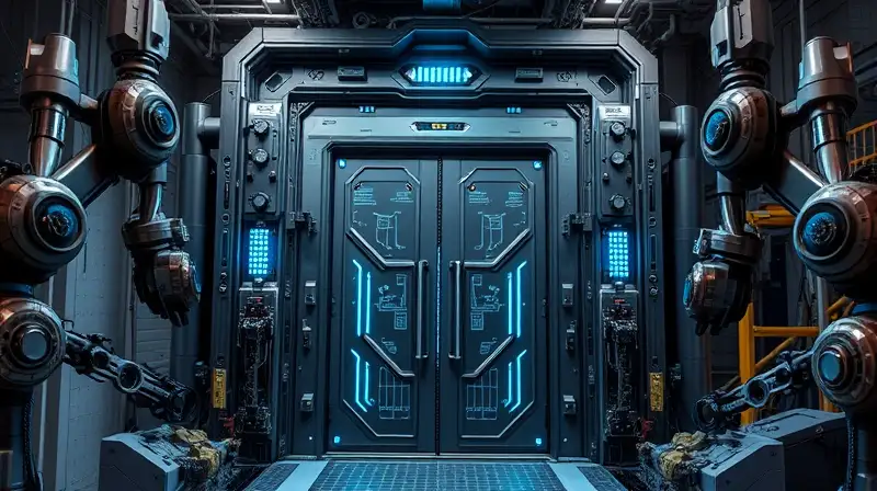 Montaje robótico de puerta futurista con hologramas