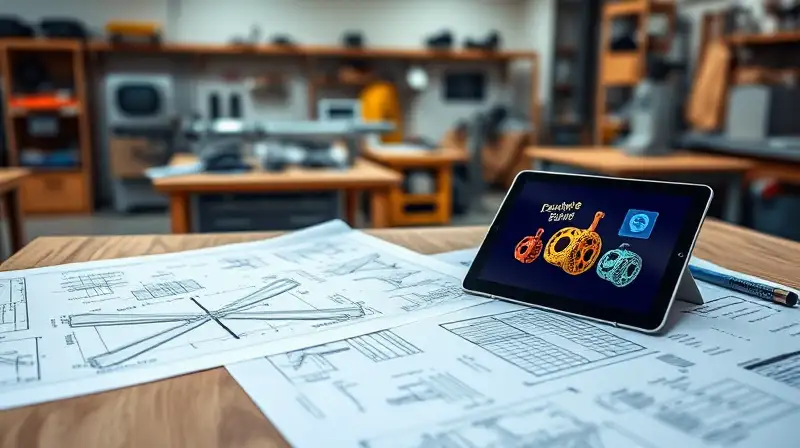 Planos técnicos y tablet digital en taller