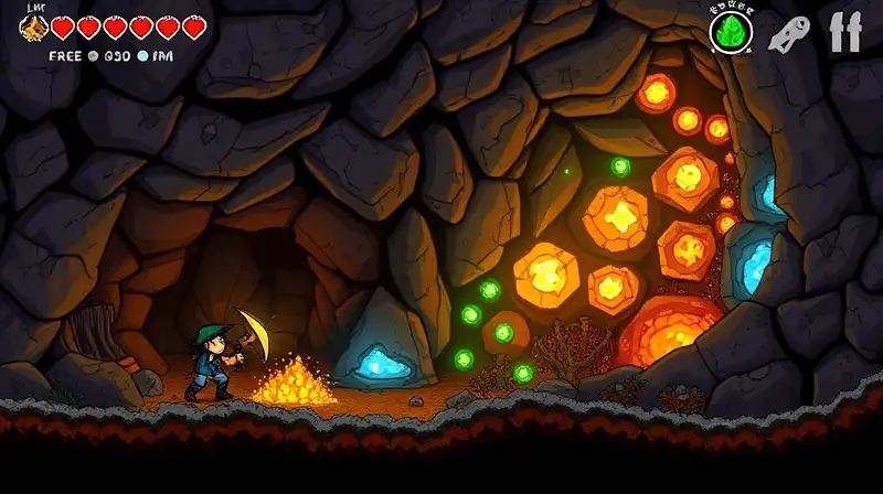 Personaje minera minerales brillantes en cueva