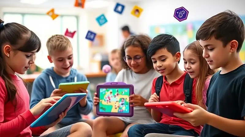 Estudiantes aprenden jugando en tablets coloridas