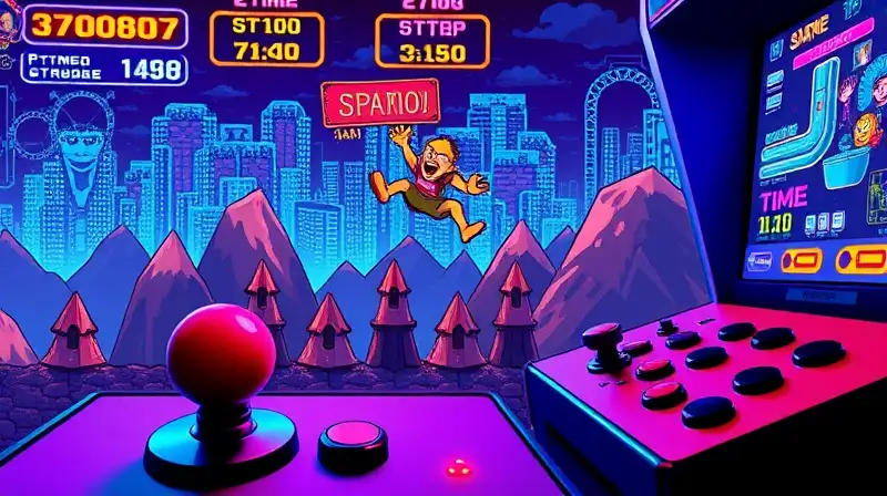 Juego arcade retro con personaje pixelado