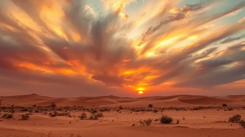 Atardecer con tormenta de arena y vegetación