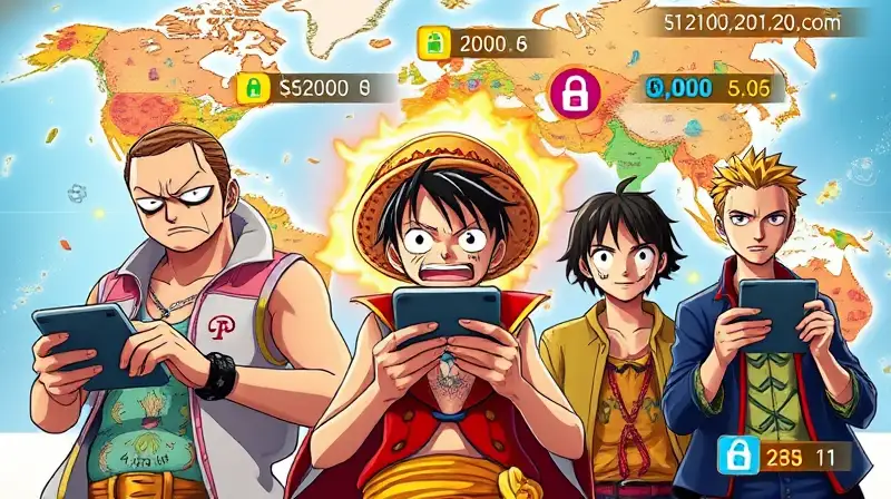 Personajes de One Piece en mapa glitch vibrante