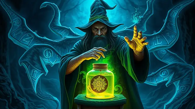 Mago protege elíxir con runas mágicas