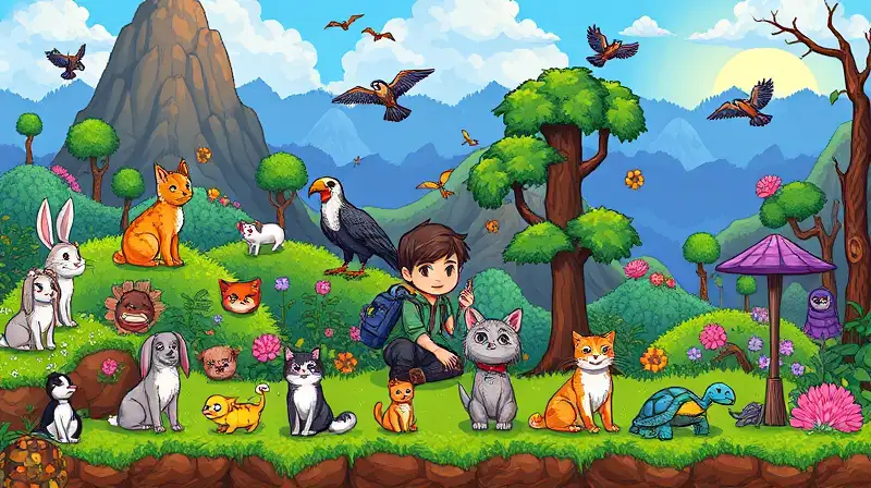 Mundo Terraria colorido con fauna y personajes