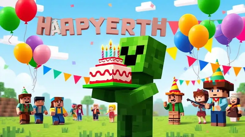Creeper pixelado celebra con pastel y globos