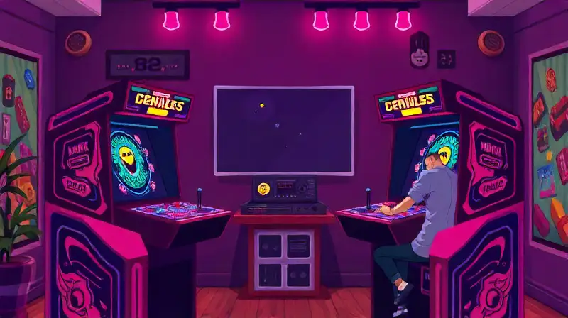 Dos jugadores compiten en arcade retro vibrante