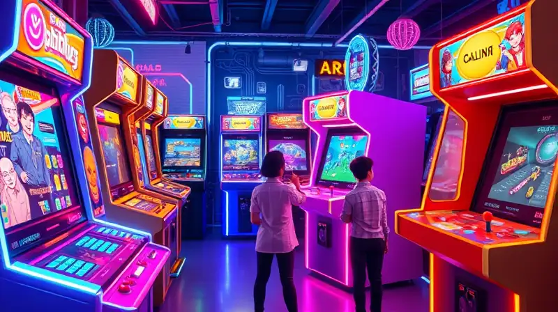 Máquinas arcade y juegos futuristas vibrantes