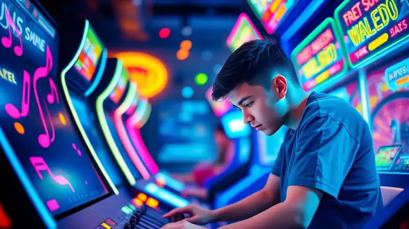 Adolescente juega arcade vibrante con emoción