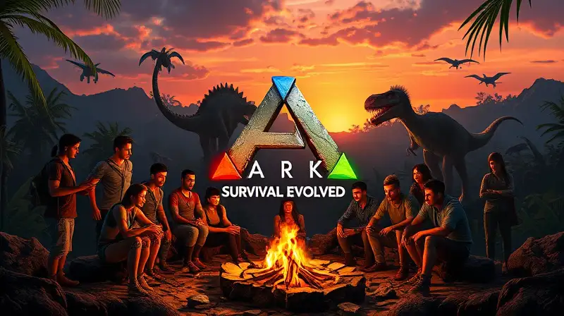 Jugadores unidos junto a dinosaurios al atardecer