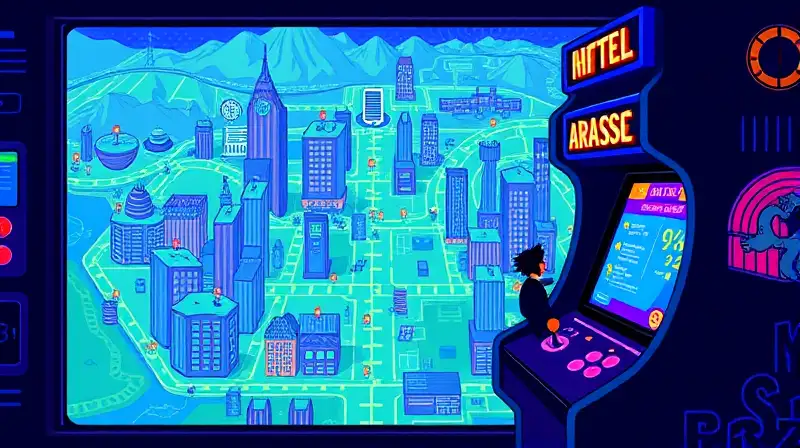 Máquina arcade pixel art con mapa vibrante