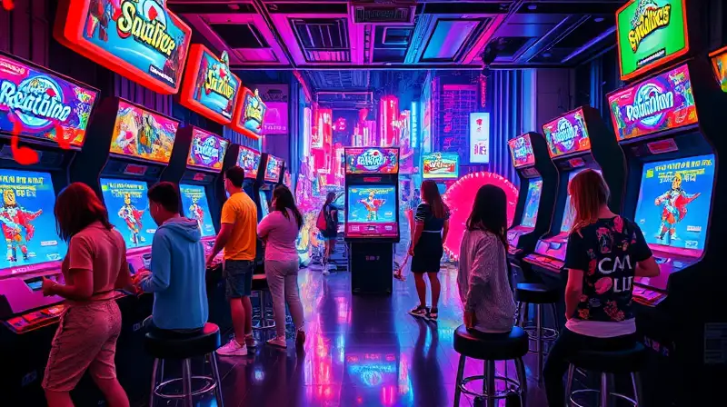 Sala arcade vibrante con jugadores energizados