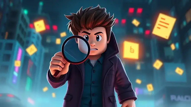 Detective joven en Roblox con pistas brillantes