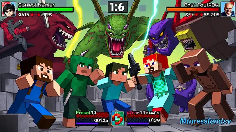 Personajes de Minecraft luchan contra jefes