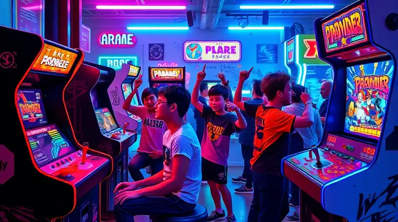 Máquinas arcade retro y jugadores compitiendo vibrantes