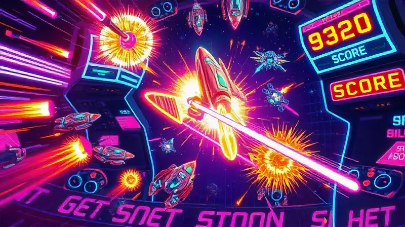 Disparo arcade retro, colores neón vibrantes