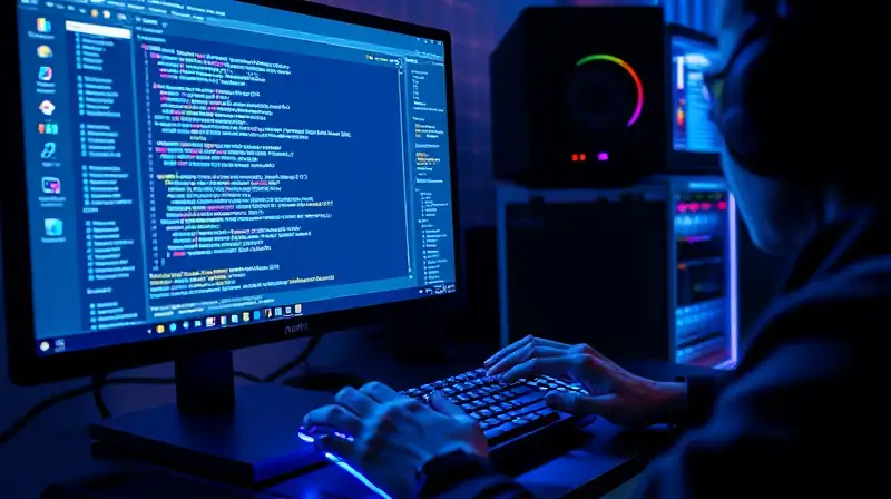 Gamer concentrado modifica código en pantalla