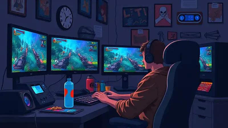 Gamer concentrado juega en su setup nocturno
