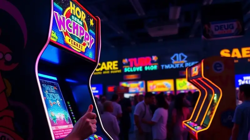 Máquina arcade retro con jugador y luces