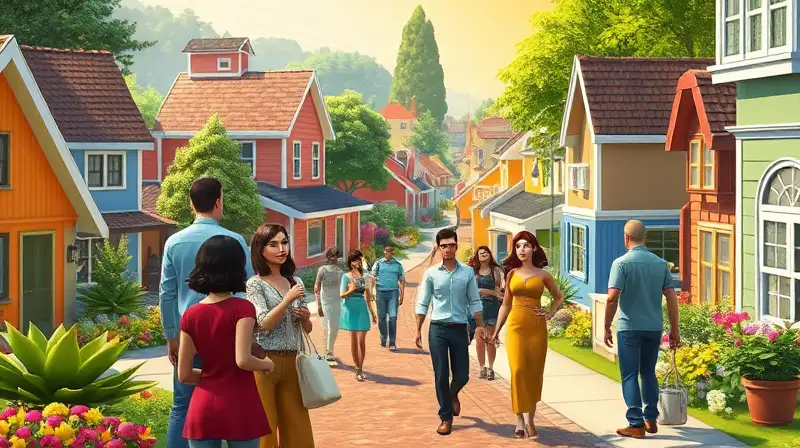 Personajes de Sims exploran vecindario colorido