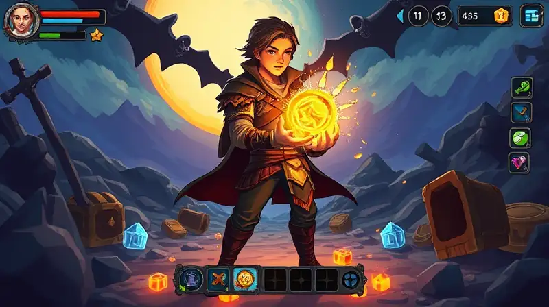Gamer con artefacto brillante en paisaje pixelado