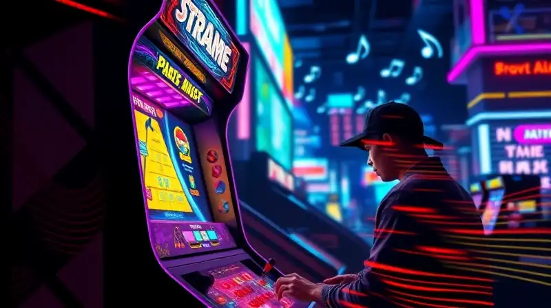 Jugador concentrado en juego rítmico futurista