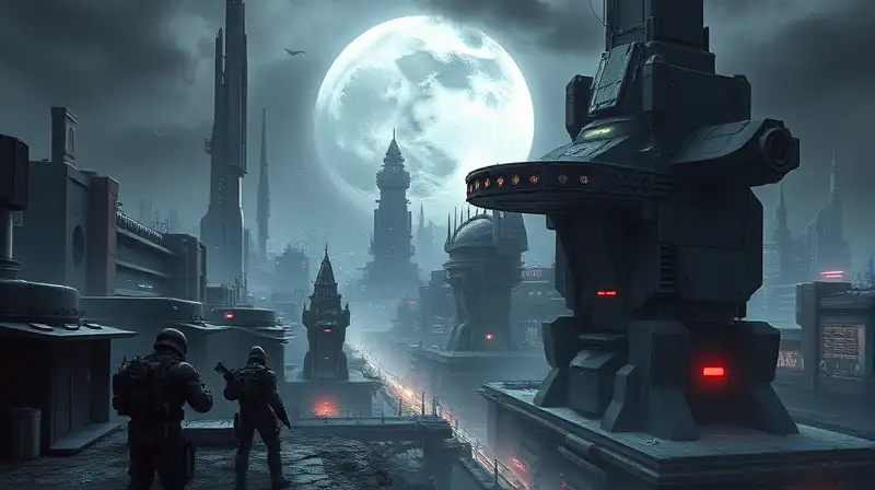 Ciudad futurista con soldados y defensas avanzadas