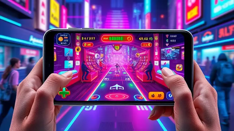 Interfaz arcade moderna en smartphone vibrante