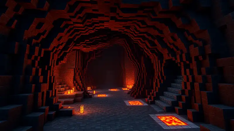 Entrada de cueva Minecraft con túneles y lava