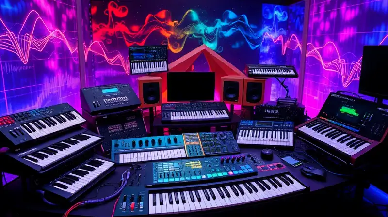 Instrumentos electrónicos y arte digital vibrante