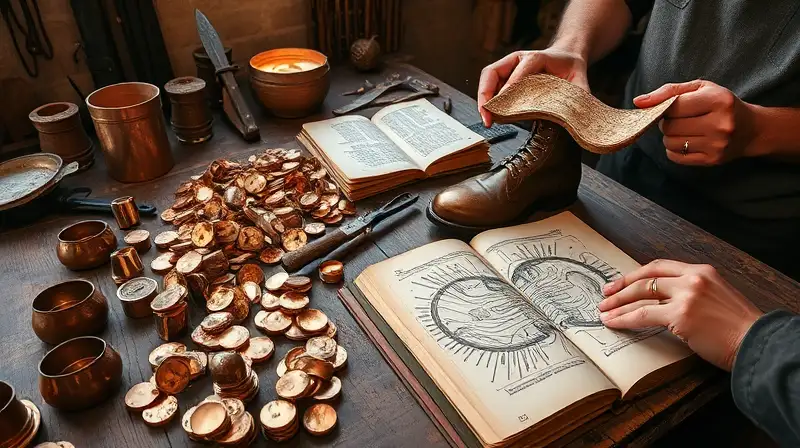 Materiales y manos hacen botas de cobre