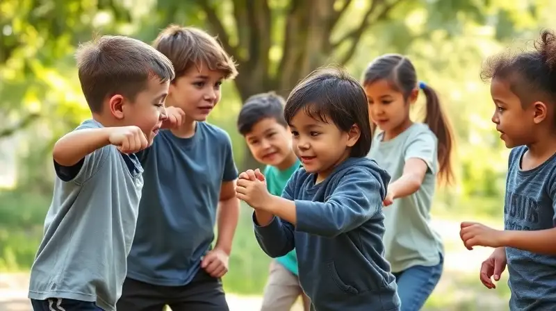 Niños jugando cooperativamente al aire libre