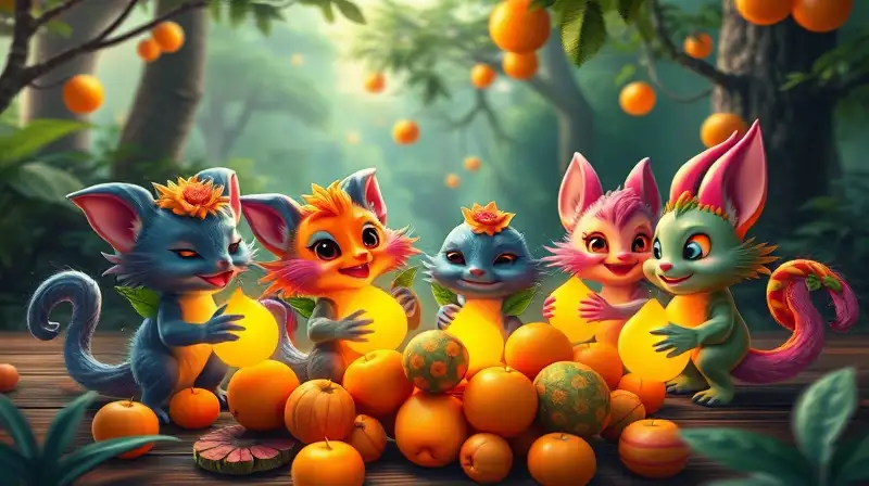 Criaturas coloridas recolectan frutos mágicos brillantes