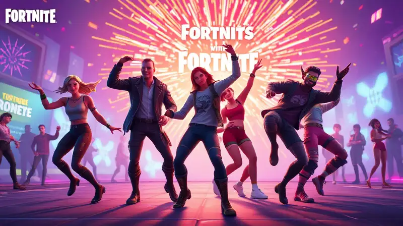 Personajes de Fortnite bailando con efectos vibrantes