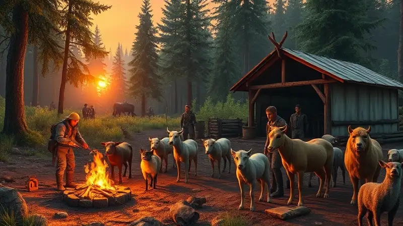 Animales domesticables en campamento rústico al atardecer