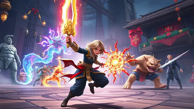 Personaje épico lucha con magia vibrante