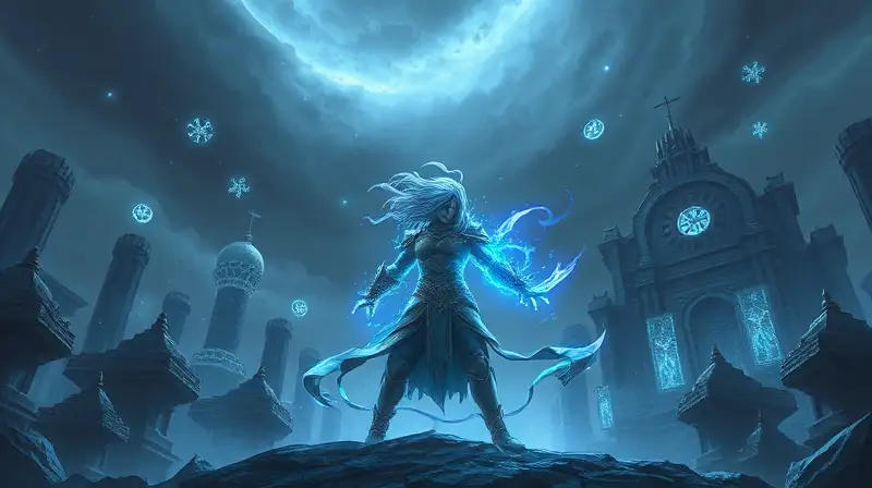 Héroe vibrante con aura azul en ruinas