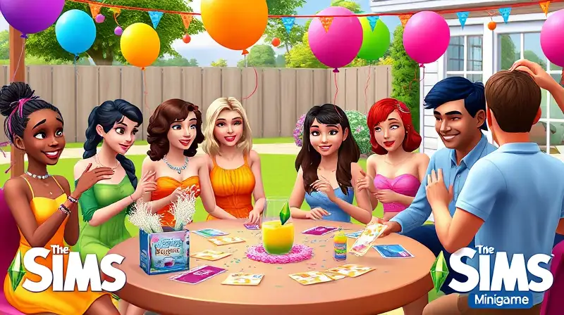 Sims coloridos juegan en fiesta al aire libre