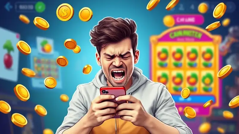 Gamer frustrado con monedas virtuales flotando